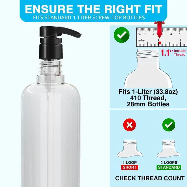 Alt view image 5 of 7 - 6 Pcs Liter Pumps for Shampoo and Conditioner, Black & White | 28/410 Shampoo Pump Bottle Dispenser, For Body Wash, Gel, 33.8 Oz Bottles, Salon Conditioner Bottles, Liquid Pump Dispenser