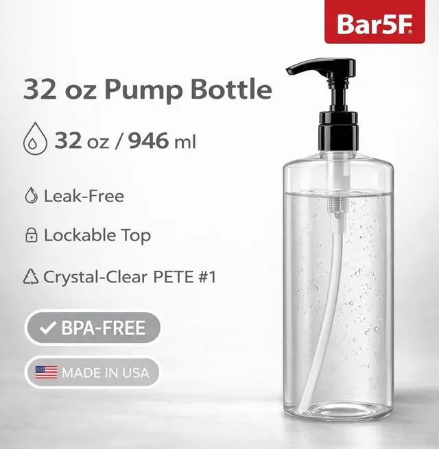 Alt view image 2 of 7 - Bar5F 32 oz Body Wash Dispenser for Shower with Pump, Large 1 Liter | Large Pump Bottle for Shampoo, Conditioner, Soap, Durable and Refillable, Crystal-Clear and BPA-Free for Personal Care