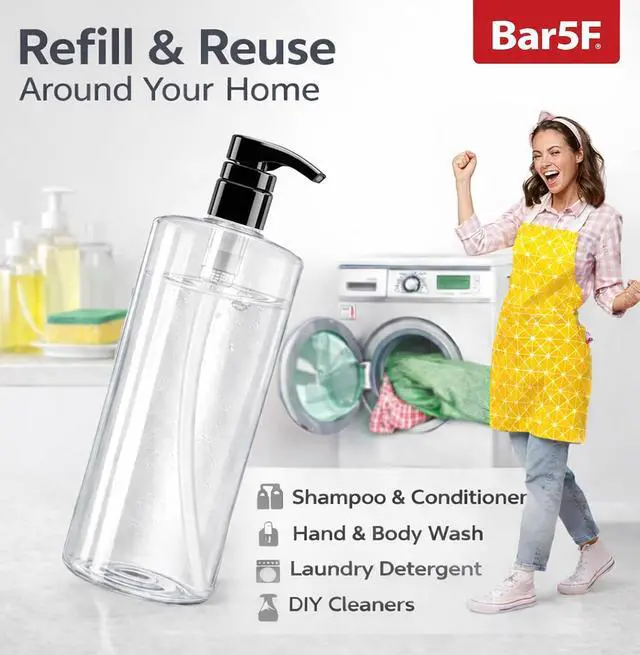 Alt view image 5 of 7 - Bar5F 32 oz Body Wash Dispenser for Shower with Pump, Large 1 Liter | Large Pump Bottle for Shampoo, Conditioner, Soap, Durable and Refillable, Crystal-Clear and BPA-Free for Personal Care