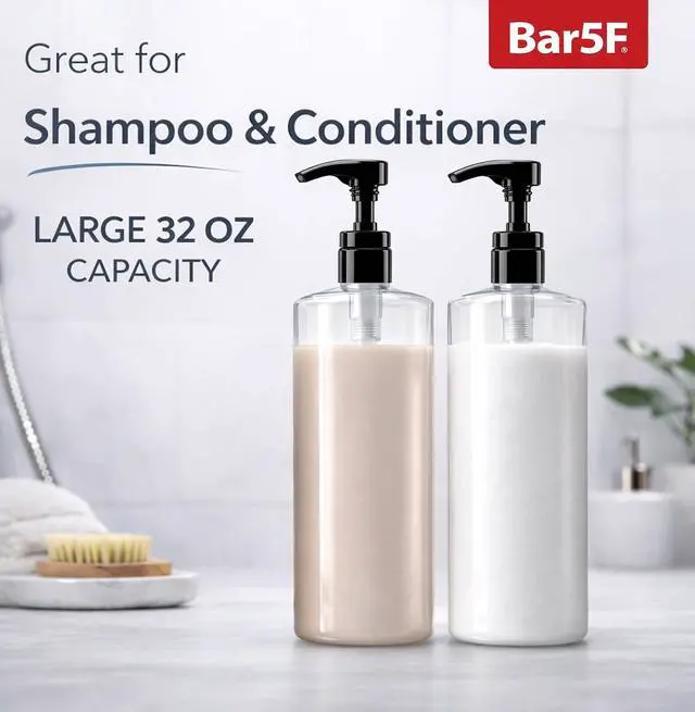 Alt view image 6 of 7 - Bar5F 32 oz Body Wash Dispenser for Shower with Pump, Large 1 Liter | Large Pump Bottle for Shampoo, Conditioner, Soap, Durable and Refillable, Crystal-Clear and BPA-Free for Personal Care