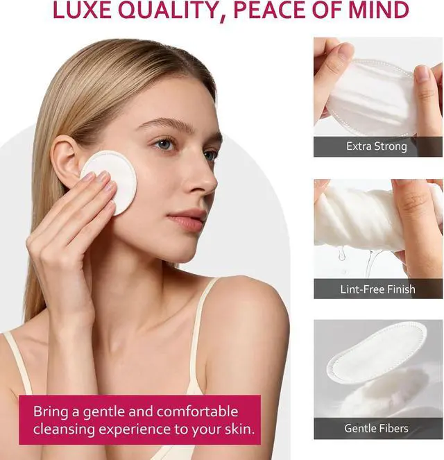 Alt view image 5 of 7 - 600 PCS Cotton Rounds100 Count (Pack of 6)-Soft, Absorbent, Cotton Face Pads for Makeup Removal, Skincare, Skin Care and Gentle Facial Cleansing - Lint Free Stitched Pads