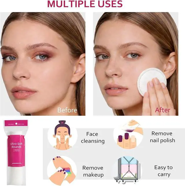 Alt view image 6 of 7 - 600 PCS Cotton Rounds100 Count (Pack of 6)-Soft, Absorbent, Cotton Face Pads for Makeup Removal, Skincare, Skin Care and Gentle Facial Cleansing - Lint Free Stitched Pads