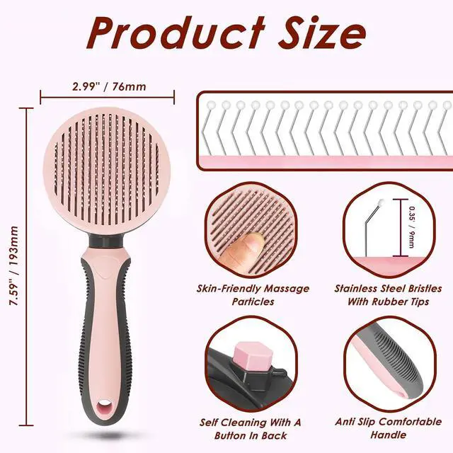 Alt view image 2 of 7 - Pet Hair Brush, Cat Brush Self Cleaning Slicker Brush, Dog Brush for Shedding and Grooming, Pet Brush for Short and Long Haired Dogs Cats Rabbits, Removes Loose Undercoat & Tangled Hair (Pink)