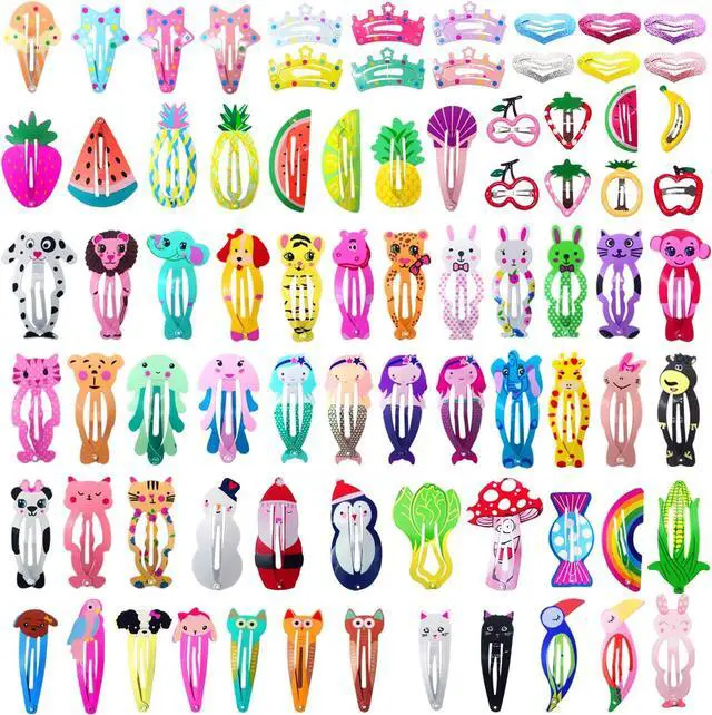 Main image of Girls Hair Clips Barrettes, Funtopia 80 Pcs Metal Snap Hair Clips for Kids | Lovely Animal Fruit Printed Pattern Snap Barrettes Hair Pins, Colorful Cartoon Design Hairpins for Kids Girls Teens Pets