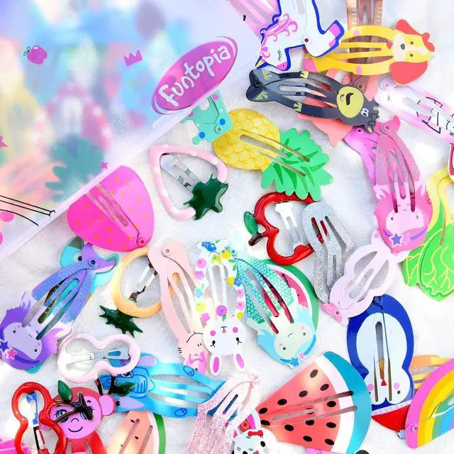 Alt view image 5 of 6 - Girls Hair Clips Barrettes, Funtopia 80 Pcs Metal Snap Hair Clips for Kids | Lovely Animal Fruit Printed Pattern Snap Barrettes Hair Pins, Colorful Cartoon Design Hairpins for Kids Girls Teens Pets
