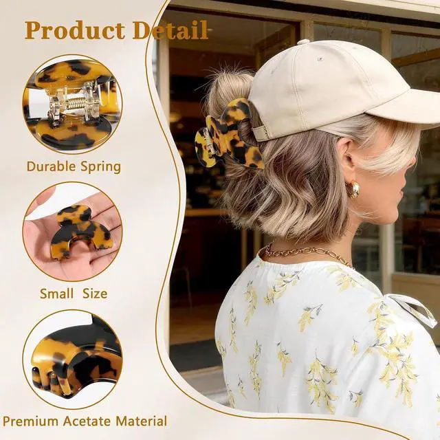 Alt view image 4 of 7 - 4pcs Small Hat Claw Clip for Thin Short Hair, 2.2 Inch Hair Clip for Women | Hat-Friendly Claw Clips for Truck Hat, Acetate Baseball Hat Hair Clips for Half Up Half Down Hair, Tortoise Shell Color