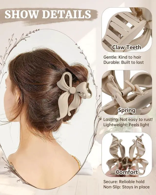 Alt view image 3 of 7 - Mesovor 4 pack Cute Bow Claw Clip for Women, Nonslip Matte Strong Hold | Bows Hair Clips for Thin and Thick Hair, Chic Hair Styling Accessories
