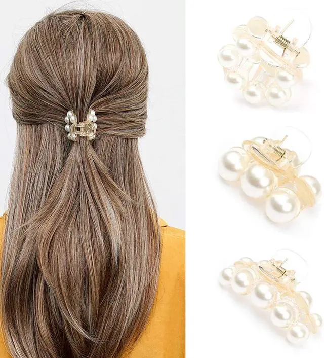 Main image of Brinie Hair Claw Clamps Champagne Pearl Hair Barrettes Medium Small Non Slip Clips Hair Accessories for Women and Girls (3 PCS)