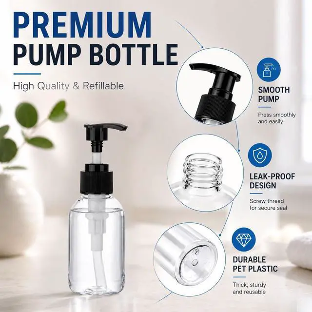 Alt view image 2 of 7 - 3 Pack 3.4oz (100ml) Empty Pump Bottles Jansburg Clear Lotion Dispensers | Refillable Plastic Bottles Leakproof Containers for Essential Oil Soap Lotion Shampoo