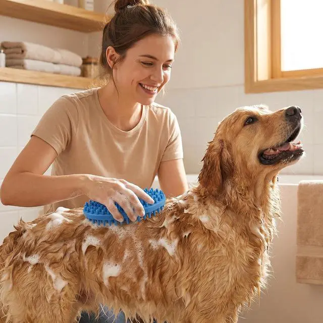 Alt view image 3 of 7 - Lilpep 2-in-1 Dog Bath Brush, Double Sided Soft Rubber Grooming Brush for Shedding, Massaging & Deep Cleaning, Suitable for Short & Long Haired Dogs & Puppies