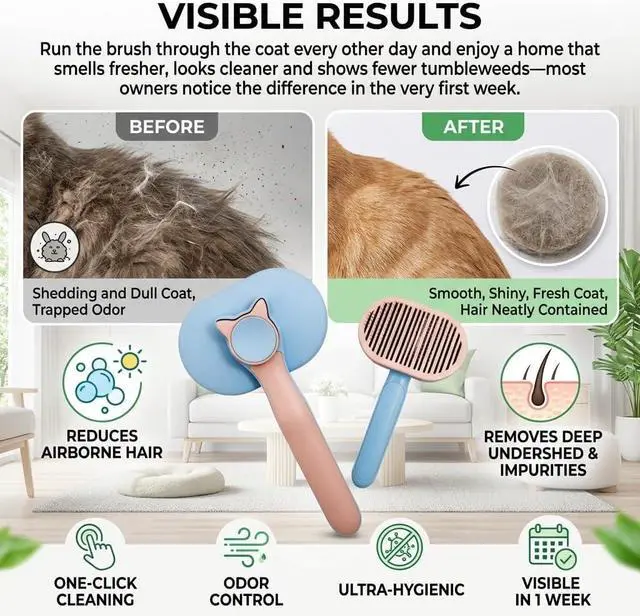 Alt view image 2 of 6 - Self Cleaning Slicker Brush for Dogs and Cats | 2 in 1 Grooming Tool, Removes Loose Undercoat Tangles, Shedding Hair, Massage Bristles, Anti-Slip Handle, Long and Short Hair