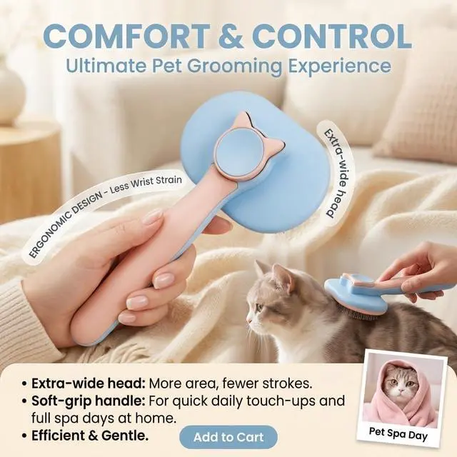 Alt view image 3 of 6 - Self Cleaning Slicker Brush for Dogs and Cats | 2 in 1 Grooming Tool, Removes Loose Undercoat Tangles, Shedding Hair, Massage Bristles, Anti-Slip Handle, Long and Short Hair