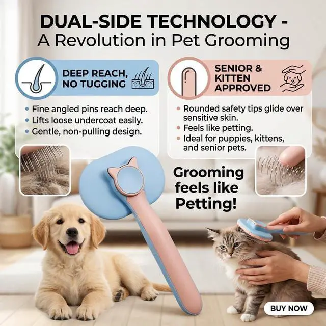 Alt view image 5 of 6 - Self Cleaning Slicker Brush for Dogs and Cats | 2 in 1 Grooming Tool, Removes Loose Undercoat Tangles, Shedding Hair, Massage Bristles, Anti-Slip Handle, Long and Short Hair
