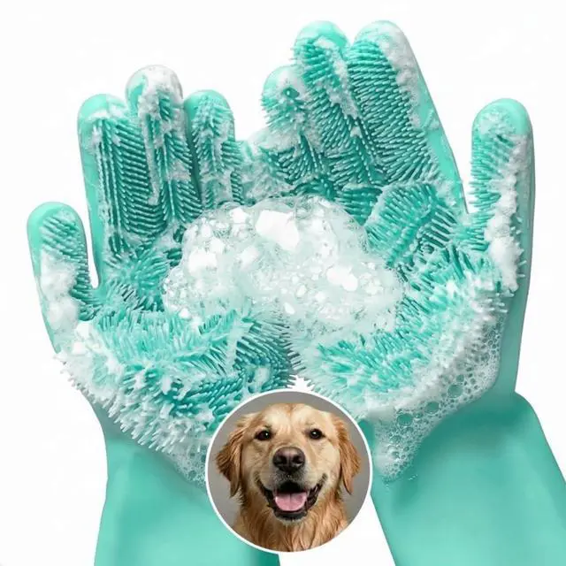 Main image of Cat and Dog Washing Gloves, 1 Pair, 11.6 in, Silicone (Turquoise) | Dog Shampoo Gloves, Pet Bath & Grooming Mitt, 3000 Soft Bristles, Removes Loose Hair, Saves Shampoo, Massage, Wet or Dry