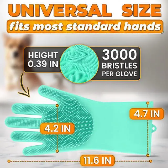 Alt view image 2 of 7 - Cat and Dog Washing Gloves, 1 Pair, 11.6 in, Silicone (Turquoise) | Dog Shampoo Gloves, Pet Bath & Grooming Mitt, 3000 Soft Bristles, Removes Loose Hair, Saves Shampoo, Massage, Wet or Dry