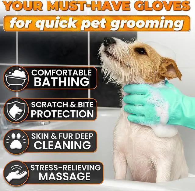 Alt view image 4 of 7 - Cat and Dog Washing Gloves, 1 Pair, 11.6 in, Silicone (Turquoise) | Dog Shampoo Gloves, Pet Bath & Grooming Mitt, 3000 Soft Bristles, Removes Loose Hair, Saves Shampoo, Massage, Wet or Dry