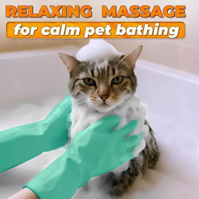 Alt view image 5 of 7 - Cat and Dog Washing Gloves, 1 Pair, 11.6 in, Silicone (Turquoise) | Dog Shampoo Gloves, Pet Bath & Grooming Mitt, 3000 Soft Bristles, Removes Loose Hair, Saves Shampoo, Massage, Wet or Dry