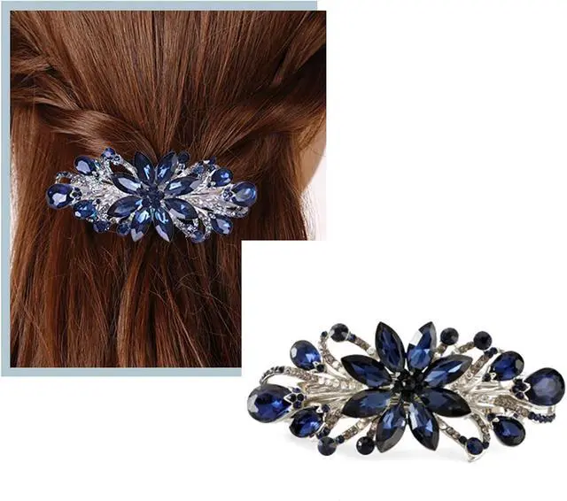 Alt view image 2 of 6 - Flower Luxury Jewelry Design Hairpin Rhinestone Hair Barrette Clip for Mom (Dark Blue)