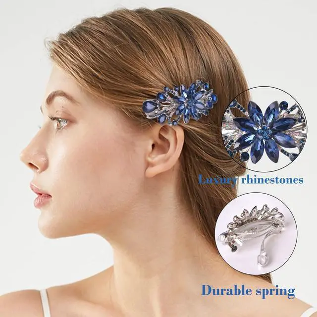 Alt view image 3 of 6 - Flower Luxury Jewelry Design Hairpin Rhinestone Hair Barrette Clip for Mom (Dark Blue)
