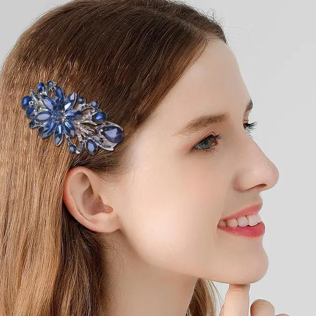 Alt view image 4 of 6 - Flower Luxury Jewelry Design Hairpin Rhinestone Hair Barrette Clip for Mom (Dark Blue)