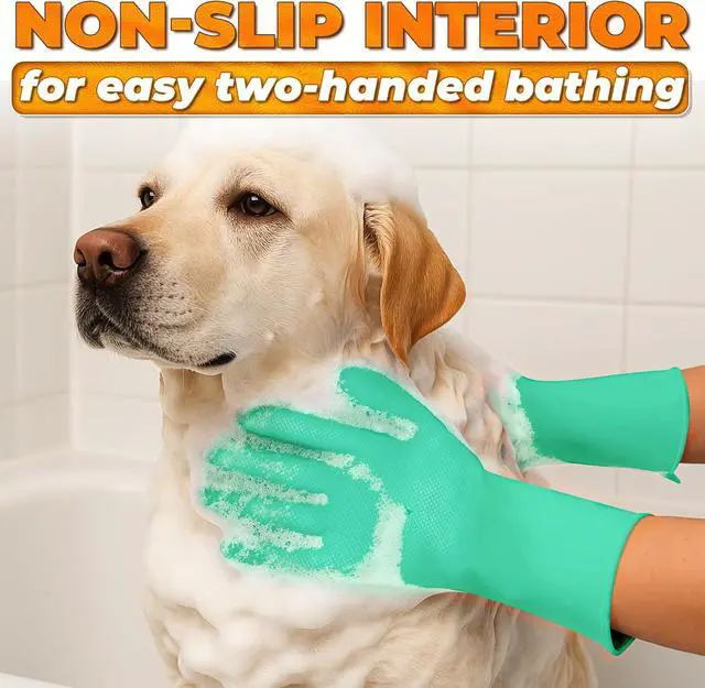Alt view image 6 of 7 - Cat and Dog Washing Gloves, 1 Pair, 11.6 in, Silicone (Turquoise) | Dog Shampoo Gloves, Pet Bath & Grooming Mitt, 3000 Soft Bristles, Removes Loose Hair, Saves Shampoo, Massage, Wet or Dry