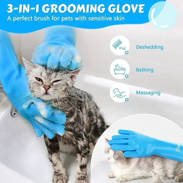 Alt view image 2 of 7 - Pecute Silicone Pet Grooming Gloves for Washing Cats Dogs Bath Brush | 3,000 soft bristles, Gentle massage & deshedding, Dishwasher safe, For large/thick coats, Home/car cleaning
