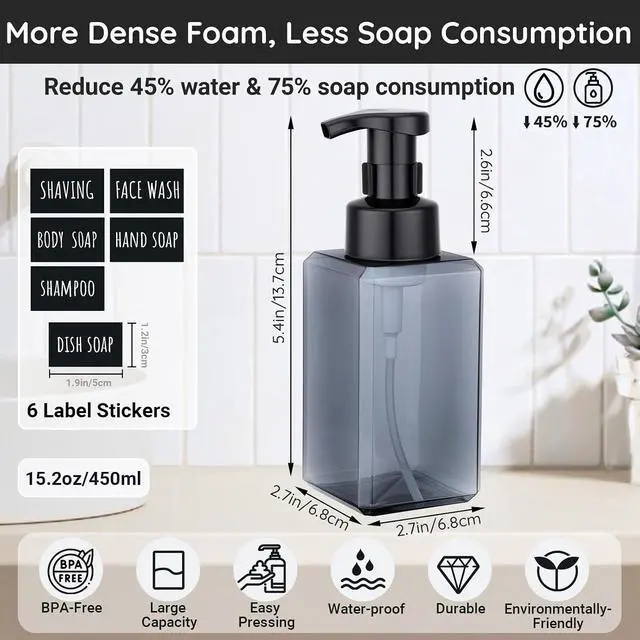 Alt view image 2 of 6 - Segbeauty Empty Foam Soap Dispenser Pump Bottles 15.2oz 2pcs, Refillable Foaming Hand Soap Dispenser, 450ml Gray Foam Bottle with Waterproof Stickers, Plastic Square Liquid Foaming Container BPA Free