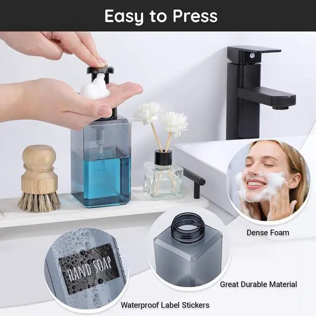 Alt view image 3 of 6 - Segbeauty Empty Foam Soap Dispenser Pump Bottles 15.2oz 2pcs, Refillable Foaming Hand Soap Dispenser, 450ml Gray Foam Bottle with Waterproof Stickers, Plastic Square Liquid Foaming Container BPA Free