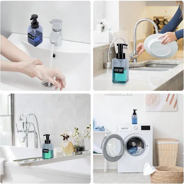 Alt view image 4 of 6 - Segbeauty Empty Foam Soap Dispenser Pump Bottles 15.2oz 2pcs, Refillable Foaming Hand Soap Dispenser, 450ml Gray Foam Bottle with Waterproof Stickers, Plastic Square Liquid Foaming Container BPA Free