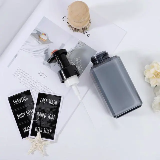 Alt view image 6 of 6 - Segbeauty Empty Foam Soap Dispenser Pump Bottles 15.2oz 2pcs, Refillable Foaming Hand Soap Dispenser, 450ml Gray Foam Bottle with Waterproof Stickers, Plastic Square Liquid Foaming Container BPA Free