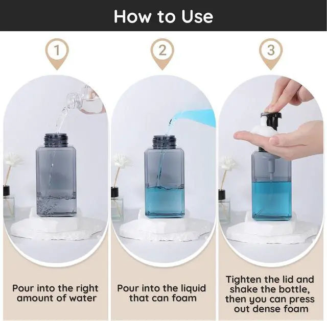 Alt view image 5 of 6 - Segbeauty Empty Foam Soap Dispenser Pump Bottles 15.2oz 2pcs, Refillable Foaming Hand Soap Dispenser, 450ml Gray Foam Bottle with Waterproof Stickers, Plastic Square Liquid Foaming Container BPA Free