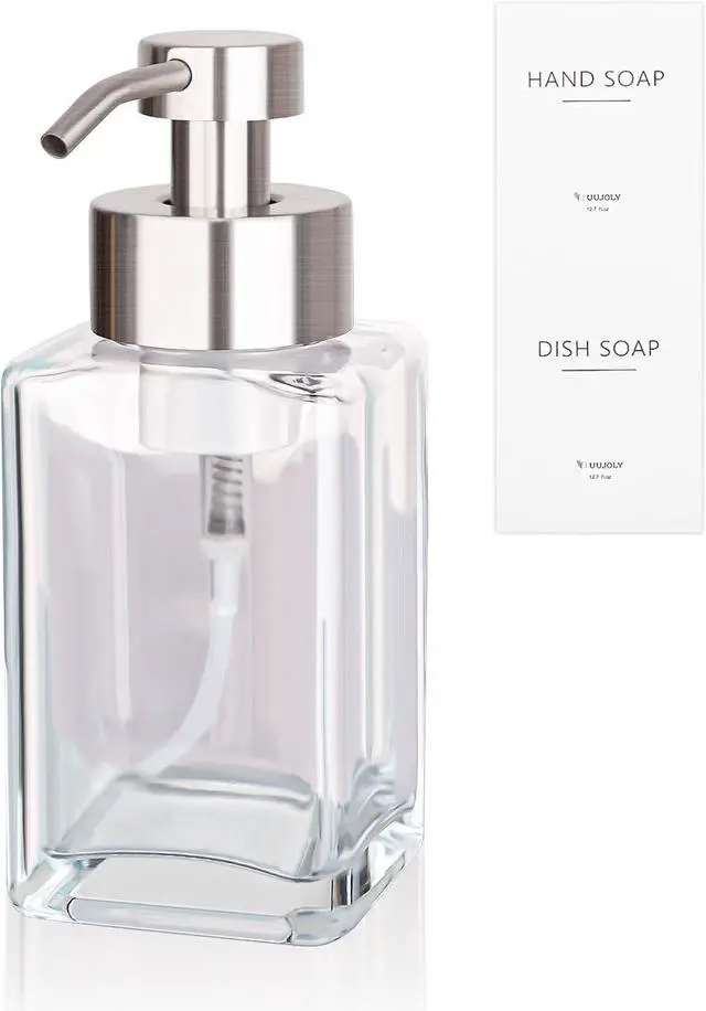 Main image of Foaming Soap Dispenser with Stainless Steel Pump, 12oz Refillable Glass Liquid Dish Soap Bottles for Bathroom, Kitchen Sink, Home Decor