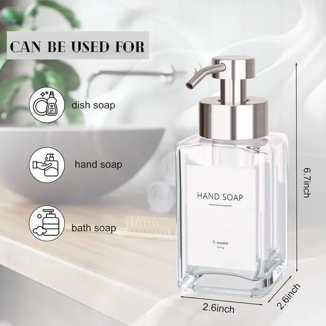 Alt view image 3 of 7 - Foaming Soap Dispenser with Stainless Steel Pump, 12oz Refillable Glass Liquid Dish Soap Bottles for Bathroom, Kitchen Sink, Home Decor
