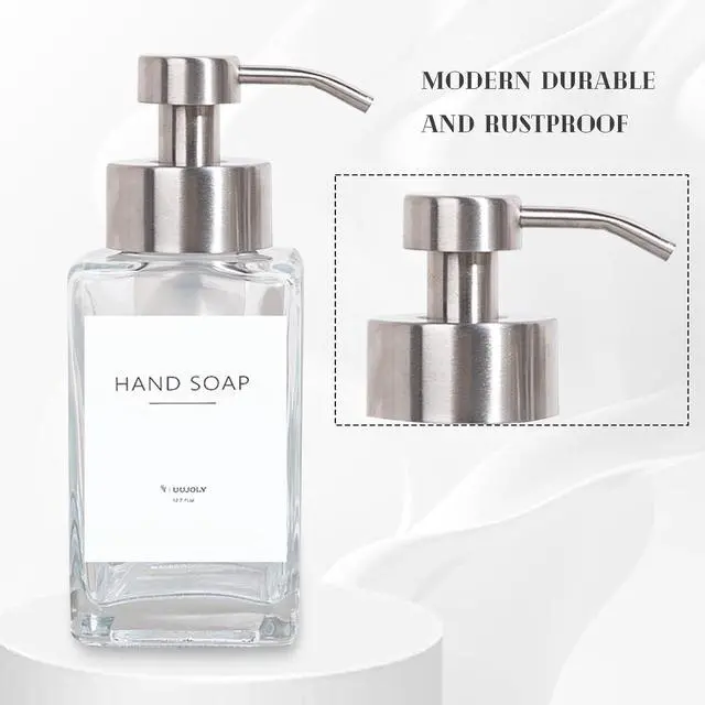 Alt view image 4 of 7 - Foaming Soap Dispenser with Stainless Steel Pump, 12oz Refillable Glass Liquid Dish Soap Bottles for Bathroom, Kitchen Sink, Home Decor