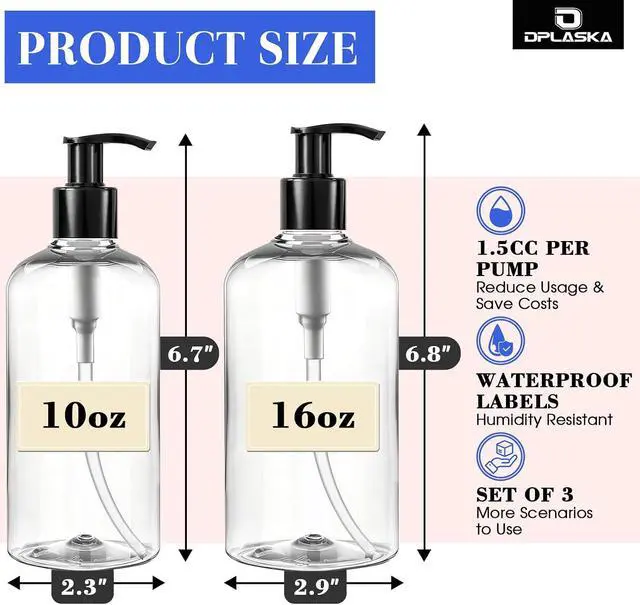 Alt view image 2 of 7 - 3 Packs 10oz Clear Pump Bottle with Black Pump for Liquid Soap | Empty Shampoo and Conditioner Bottles, For Body Wash Lotion, Plastic Refillable Pump Bottle Dispenser for Travel