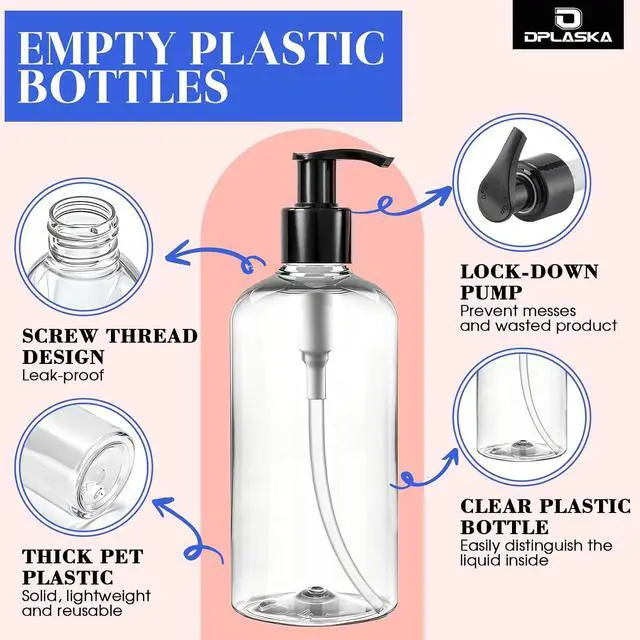Alt view image 3 of 7 - 3 Packs 10oz Clear Pump Bottle with Black Pump for Liquid Soap | Empty Shampoo and Conditioner Bottles, For Body Wash Lotion, Plastic Refillable Pump Bottle Dispenser for Travel