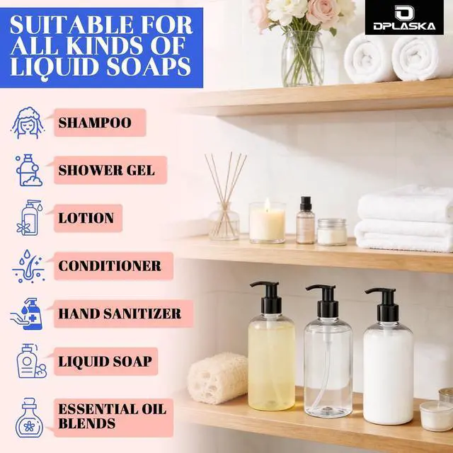 Alt view image 6 of 7 - 3 Packs 10oz Clear Pump Bottle with Black Pump for Liquid Soap | Empty Shampoo and Conditioner Bottles, For Body Wash Lotion, Plastic Refillable Pump Bottle Dispenser for Travel
