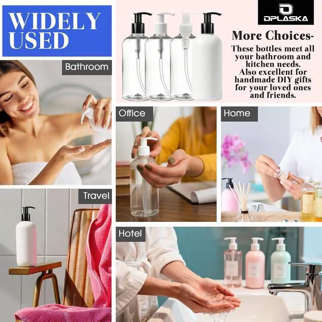 Alt view image 7 of 7 - 3 Packs 10oz Clear Pump Bottle with Black Pump for Liquid Soap | Empty Shampoo and Conditioner Bottles, For Body Wash Lotion, Plastic Refillable Pump Bottle Dispenser for Travel