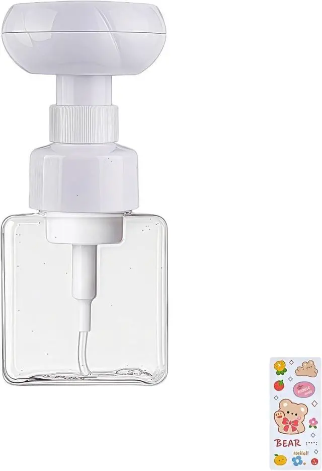 Main image of Flower Foaming 250ml Plastic Soap Dispenser Pump Bottle for Hand Soap | Transparent flower foaming pump bottle with cute stickers. Perfect for kids bathroom, kitchen, shampoo and hand soap