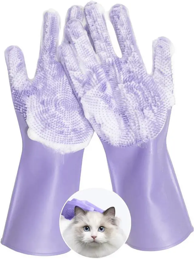 Main image of Pet Grooming Gloves, Silicone Bath Massage Gloves, Wet & Dry Use for Cats Dogs (Purple) | Crafted from quality silicone, gets rid of loose hair easily, Soothes pets while bathing and regular brushing