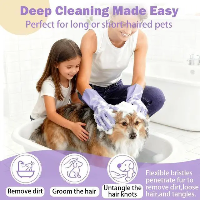 Alt view image 2 of 7 - Pet Grooming Gloves, Silicone Bath Massage Gloves, Wet & Dry Use for Cats Dogs (Purple) | Crafted from quality silicone, gets rid of loose hair easily, Soothes pets while bathing and regular brushing