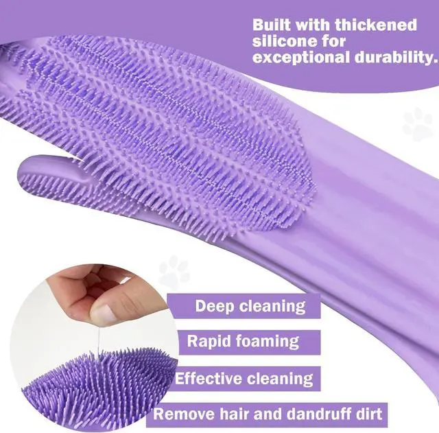 Alt view image 4 of 7 - Pet Grooming Gloves, Silicone Bath Massage Gloves, Wet & Dry Use for Cats Dogs (Purple) | Crafted from quality silicone, gets rid of loose hair easily, Soothes pets while bathing and regular brushing