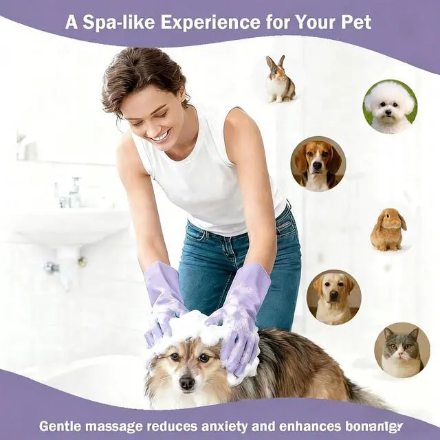 Alt view image 7 of 7 - Pet Grooming Gloves, Silicone Bath Massage Gloves, Wet & Dry Use for Cats Dogs (Purple) | Crafted from quality silicone, gets rid of loose hair easily, Soothes pets while bathing and regular brushing