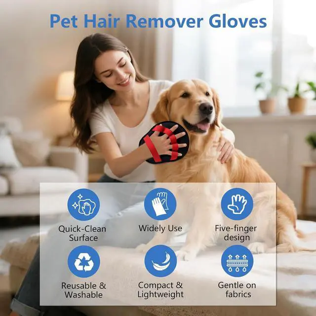 Alt view image 3 of 7 - Pet Hair Removal Glove for Dogs & Cats, Upgraded 5-Finger Design | Reusable Grooming Gloves, Washable Magic Brush Pet Hair Remover Tool for Couch, Carpet, Car Seats, Clothes, Furniture, Red