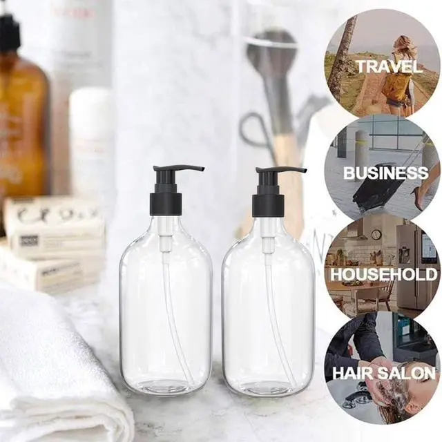Alt view image 7 of 7 - 10 Ounce Clear Plastic Pump Bottle Dispenser, Refillable Empty Bottle Container with Pump for Essential Oil Soap Lotion Shampoo, 2 Pcs | Refillable Empty Bottle Container with Pump