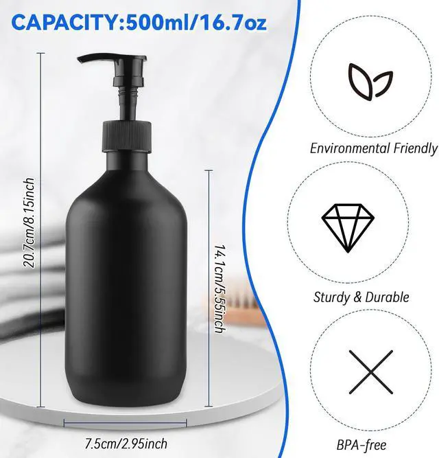 Alt view image 2 of 6 - BOSMOIW 3 Pieces 500ML/17OZ Black Matte PET Soap Dispenser,Plastic Shampoo Pump Bottle,Empty Hand Soap Containers,Bathroom Countertop Pump Dispensers for Shampoo,Conditioner,Shower Gel,Massage Oil