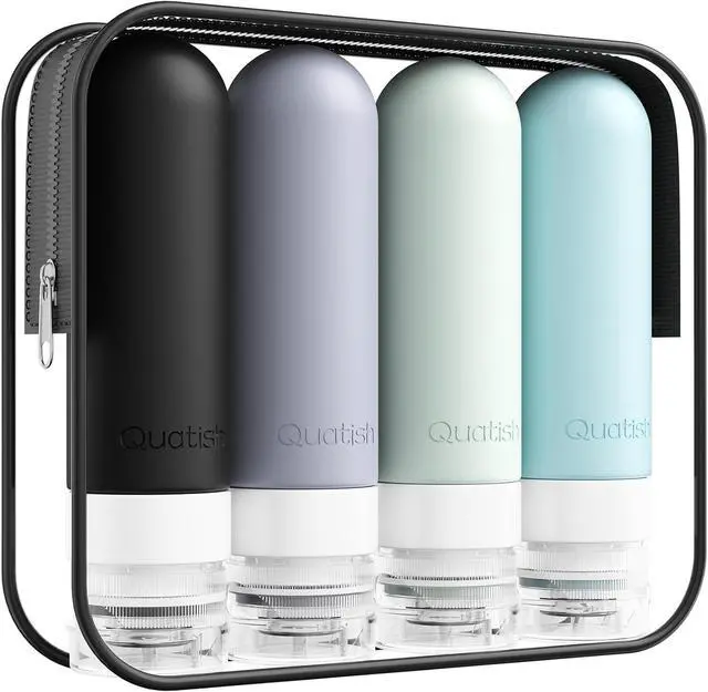 Main image of Quatish Travel Bottles for Toiletries, Original Patented Leak Proof Travel Size Toiletries, 3 oz Tsa Approved Silicone Shampoo and Conditioner Bottles, Travel Essentials, 4 Pack, Grey