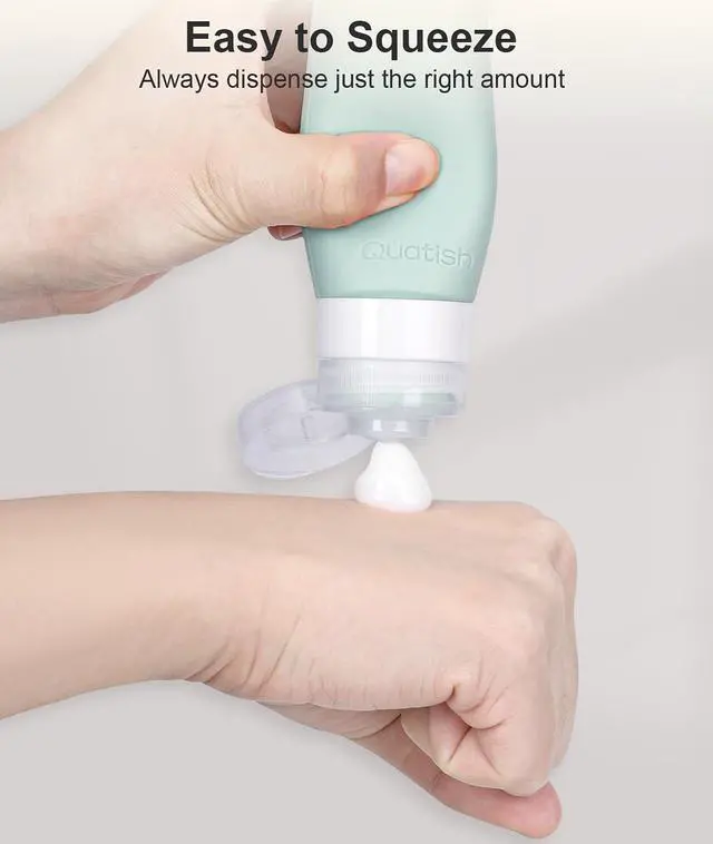 Alt view image 3 of 6 - Quatish Travel Bottles for Toiletries, Original Patented Leak Proof Travel Size Toiletries, 3 oz Tsa Approved Silicone Shampoo and Conditioner Bottles, Travel Essentials, 4 Pack, Grey