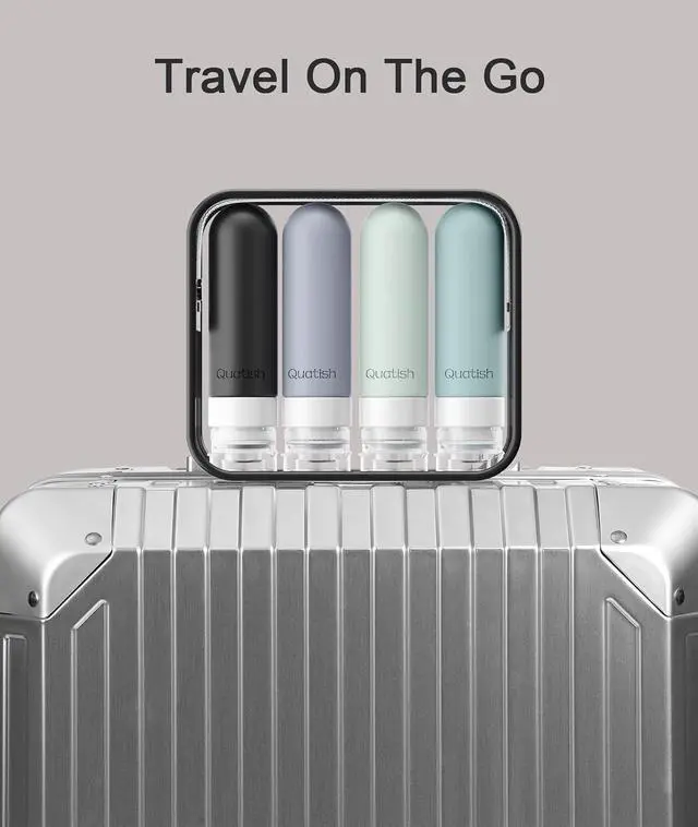 Alt view image 6 of 6 - Quatish Travel Bottles for Toiletries, Original Patented Leak Proof Travel Size Toiletries, 3 oz Tsa Approved Silicone Shampoo and Conditioner Bottles, Travel Essentials, 4 Pack, Grey
