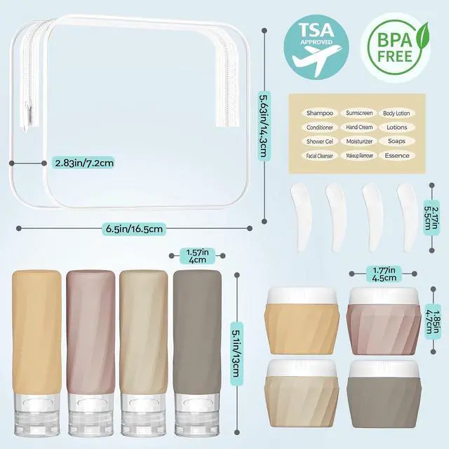 Alt view image 2 of 7 - 14pack Travel Bottles for Toiletries, TSA Approved Travel Size Toiletries Containers Set, Premium Silicone Leak Proof Refillable Squeezable & Creams jars Accessories Kit W/Clear Bag (Apricot)